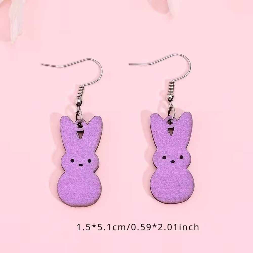 Cute Purple Bunny Peeps Earrings‎ Dangle Wood Laser Cut Easter Spring